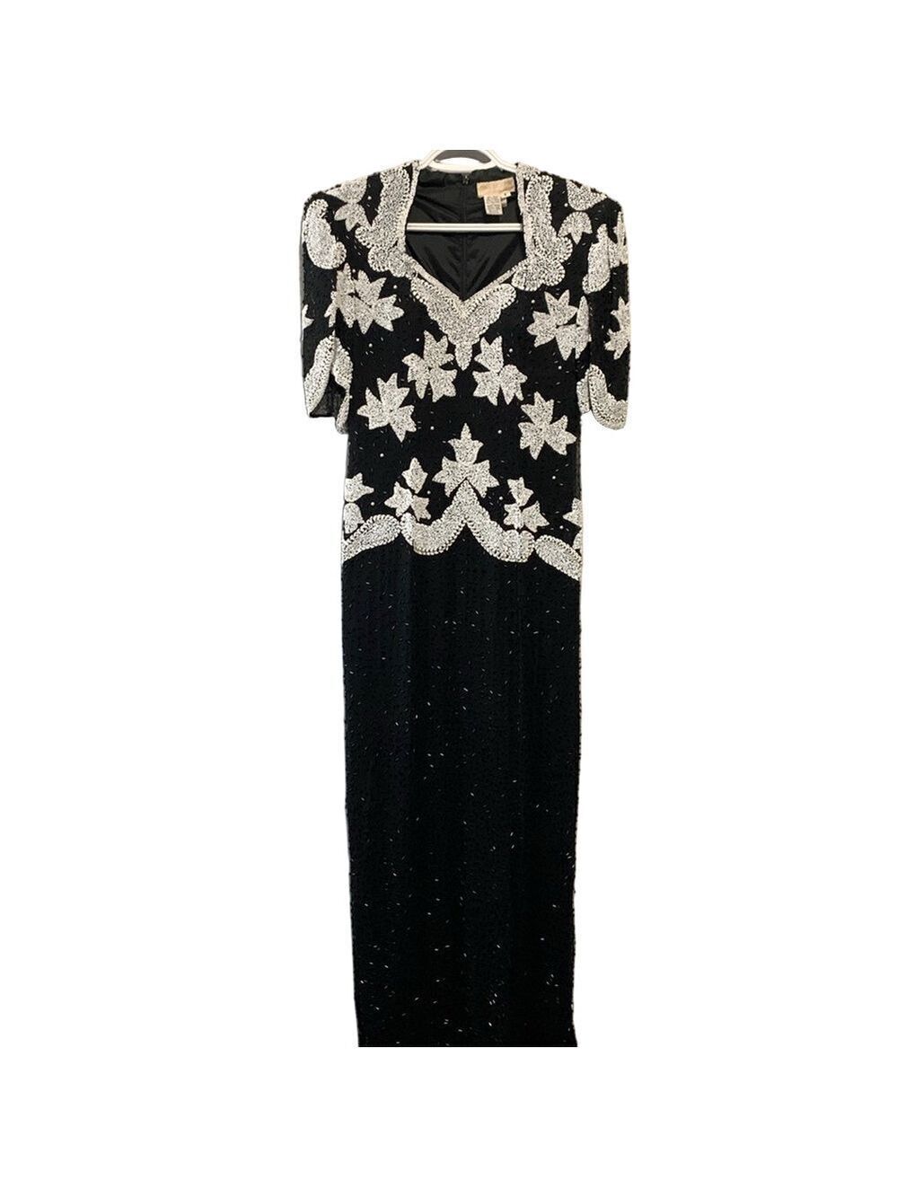 Mezza Luna Vintage Silk Beaded Black White Party Cocktail Evening Dress Size 8